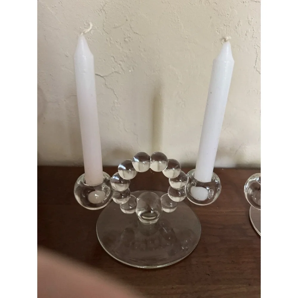 Bubble Glass Candle Holders Set of 2 Clear Pressed Glass MCM Style